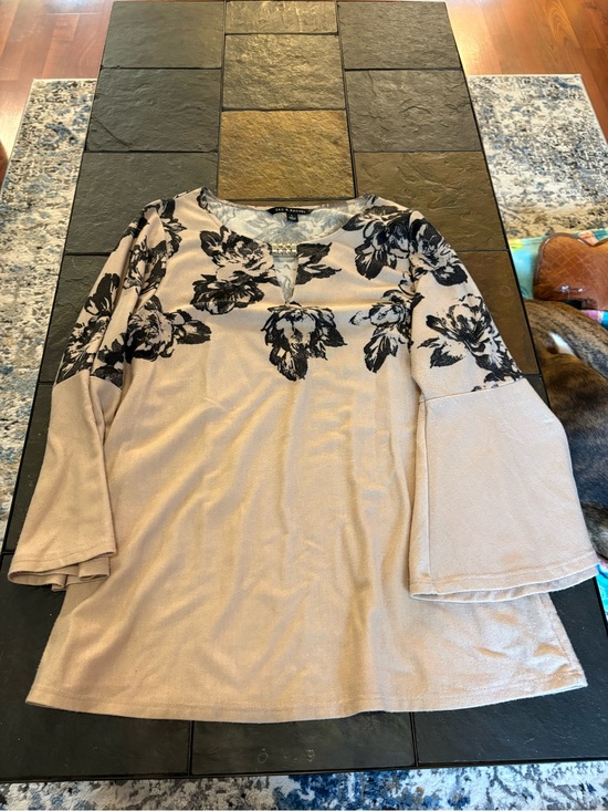 Zac & Rachel Tops - Zac & Rachel Beige Tunic with Black Floral Yoke and Bell Sleeves